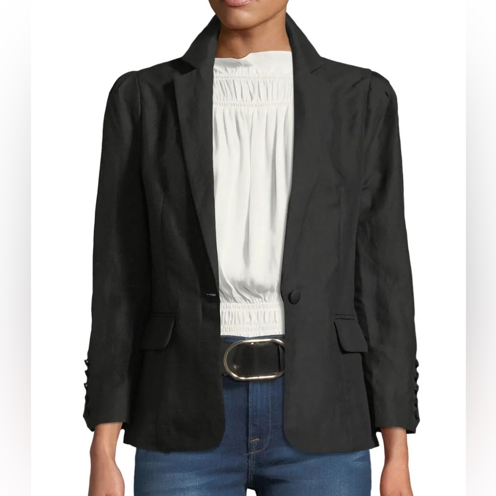 Frame One Button Pleated Linen Blazer in Black